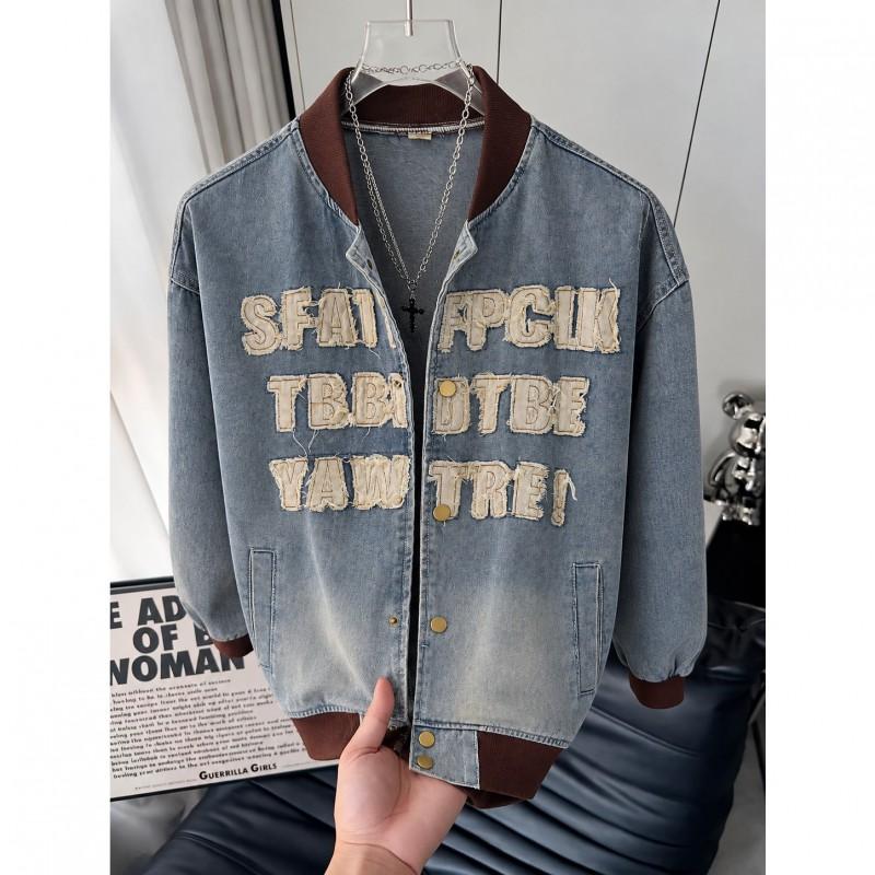 American Style High Street Denim Jacket Letter Patch Loose Fit Retro Washed Casual Couple Outerwear