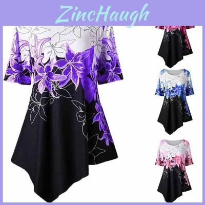 Modische Damen Asymmetrischer Saum Blumenprint T-Shirt Tunika Tops Für Alle Größen