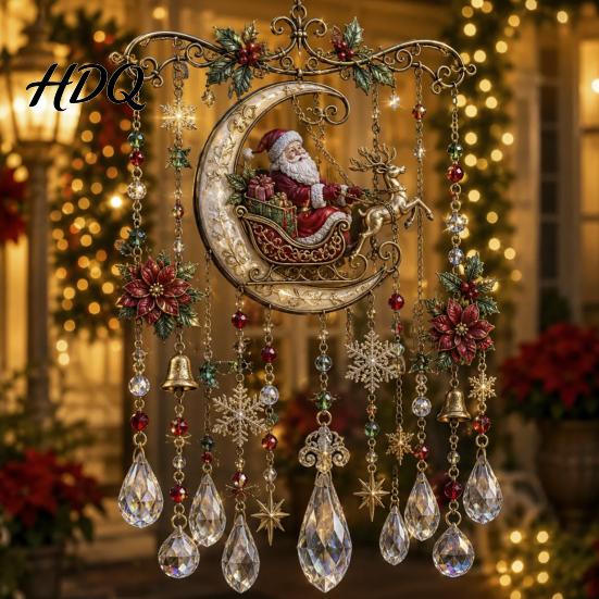 Clear Faceted Crystal Pendant Christmas Wind Chime with Bead Chain Cat Car/Owl Xmas Tree Ornaments Pattern Design Retro Hanging Ornament for