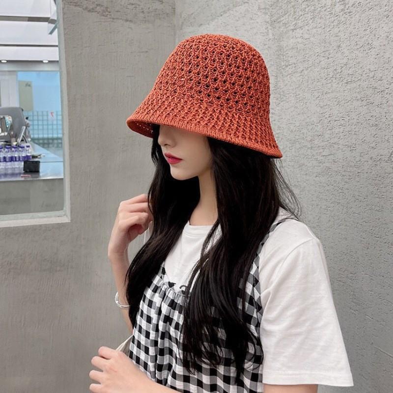Solid Knit Hollow Out Bucket Hat Women Spring Summer Breathable UV Sun Protection Fisherman Hat