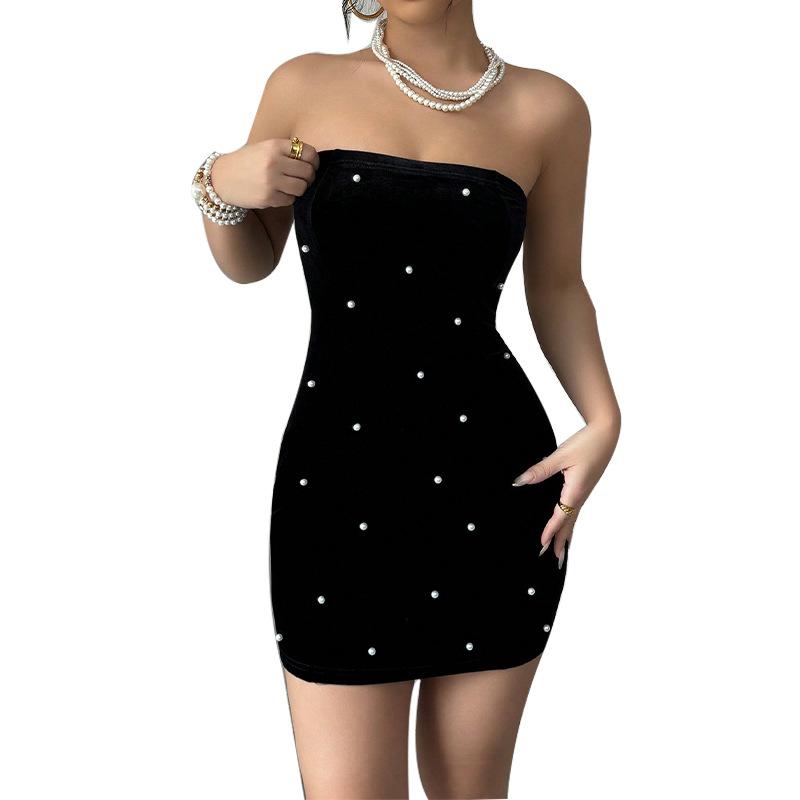 2025 Léto Dámské Sexy Perlové šití Společenské šaty Bez ramínek Bodycon Slim elastické Obepínající boky Černé Minišaty Dámské Oblečení