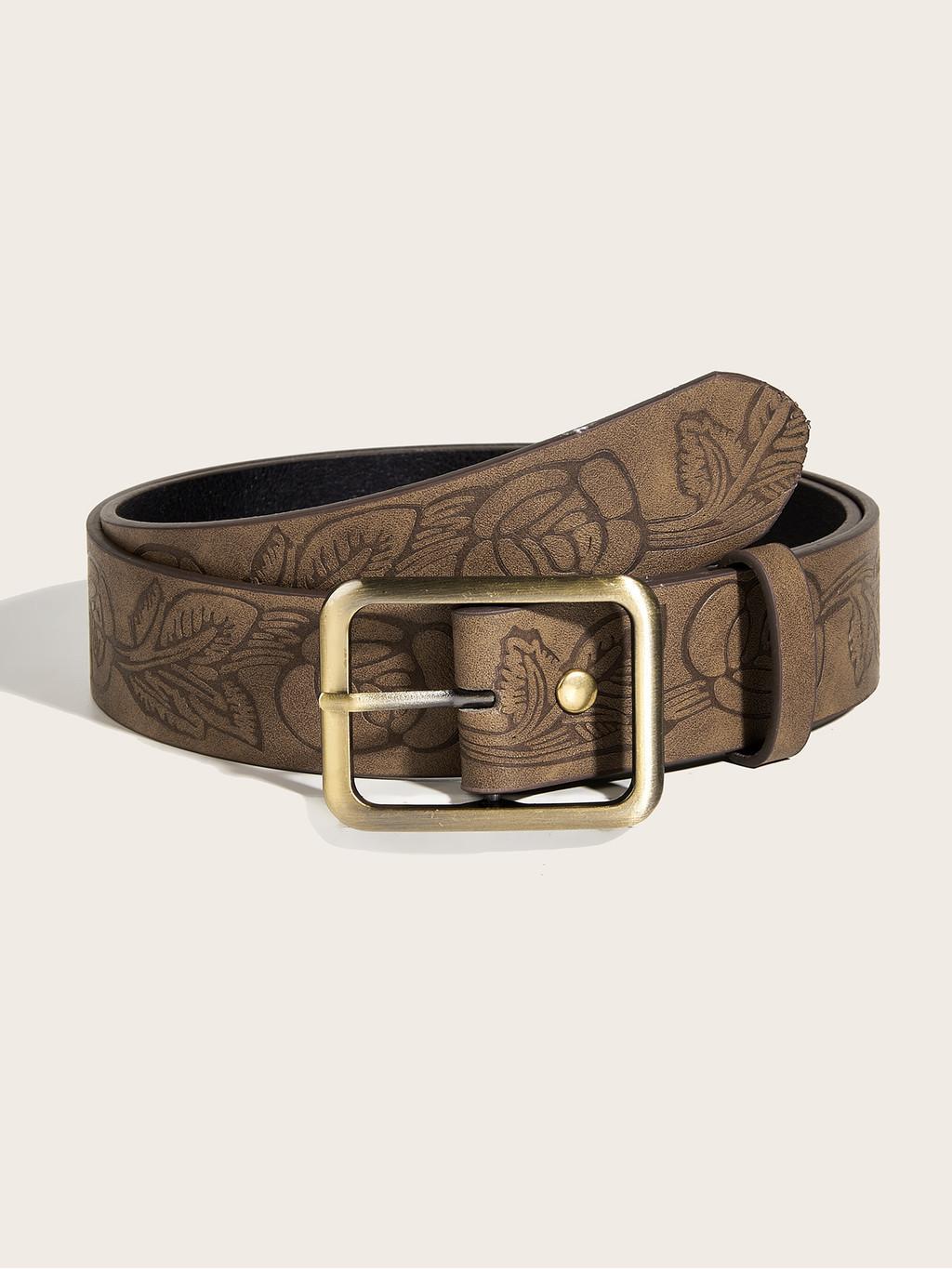 Chic Flower Patterned Faux Leather Belt With Antique Brass Buckle