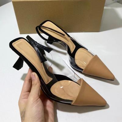 Transparente Damen-Sandalen mit flachem Rückenriemen, gemischte Farben, sexy, spitze Mode, hochhackige Schuhe für Damen