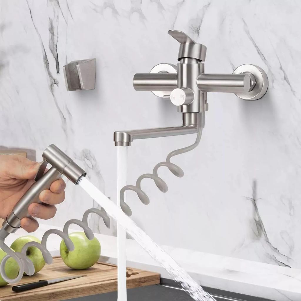 Grifo mezclador de pared para cocina, material de acero inoxidable 304 de grado alimentario, giratorio 360°
