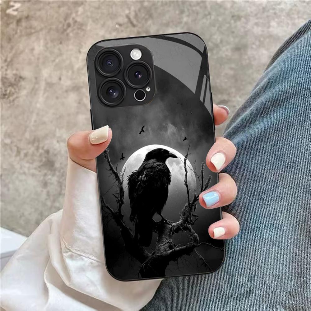 Crow Black Glass Phone Shell For iPhone 16 Plus 15 Pro 14 13 12 Pro Max Soft Silicone Frame Scratch Resistant Protective Case