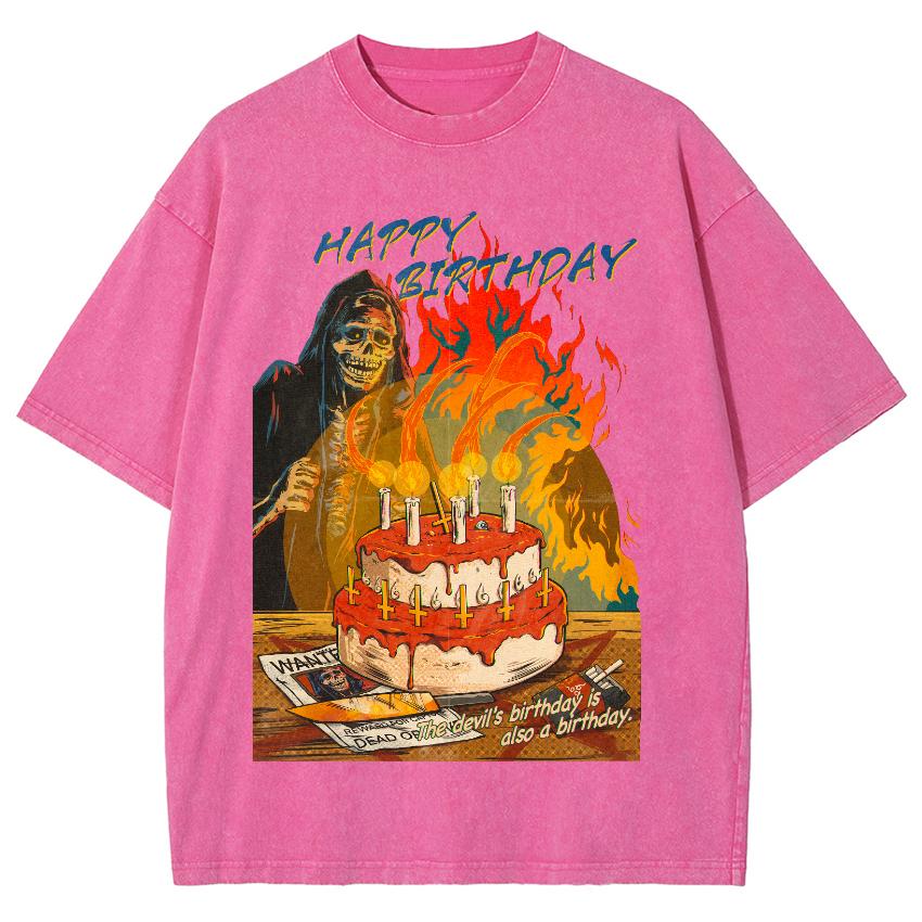 Skull Ghost Eating Cake Printed Women's Washed T-shirt Comfortable Loose Short Sleeve Street