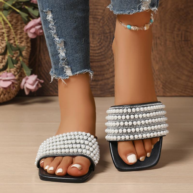 Luxury Pearl Bead Strap Slippers Women Summer Elegant Square Toe Flat Heel Slip On Sandals Silver Glitter Beach Slides