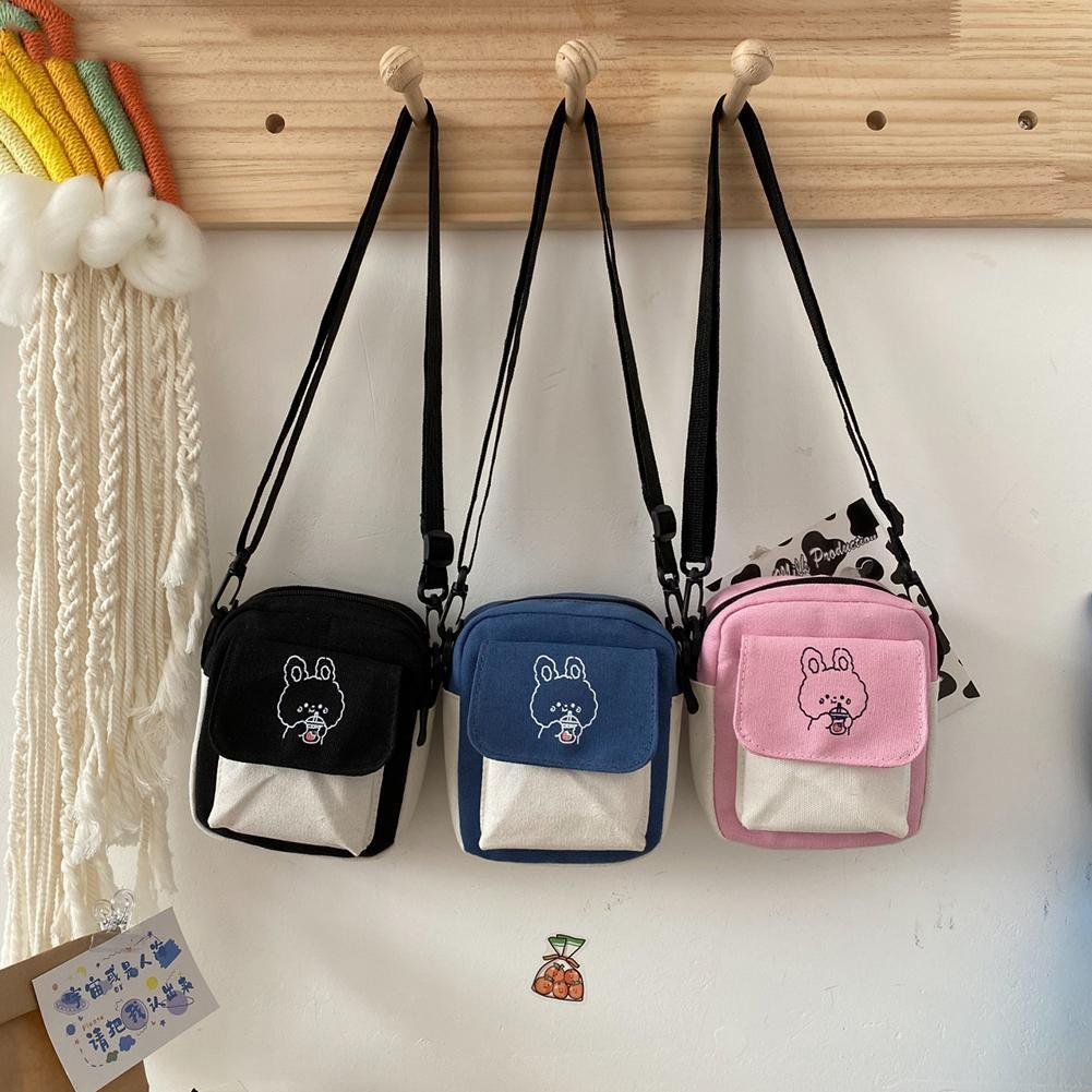 Canvas Women‘s Phone Bag Cartoon Printed Shoulder Messenger Bag Fashion Hit Color Flap Purse Casual Handbag Female Shopping Bag