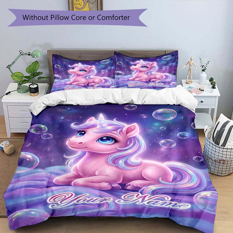 3PC Custom Name Unicorn Dreams Blanket Bedding Set Duvet Cover Closure Includes 1 Duvet Cover & 2 Pillowcases for Bedroom