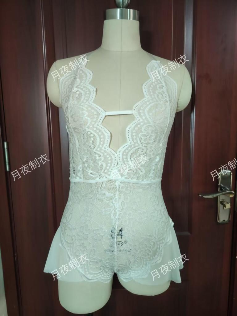 European & American Plus Size Lace Mesh Temptation Nightgown - Sexy See-Through Open Crotch Removable Lingerie