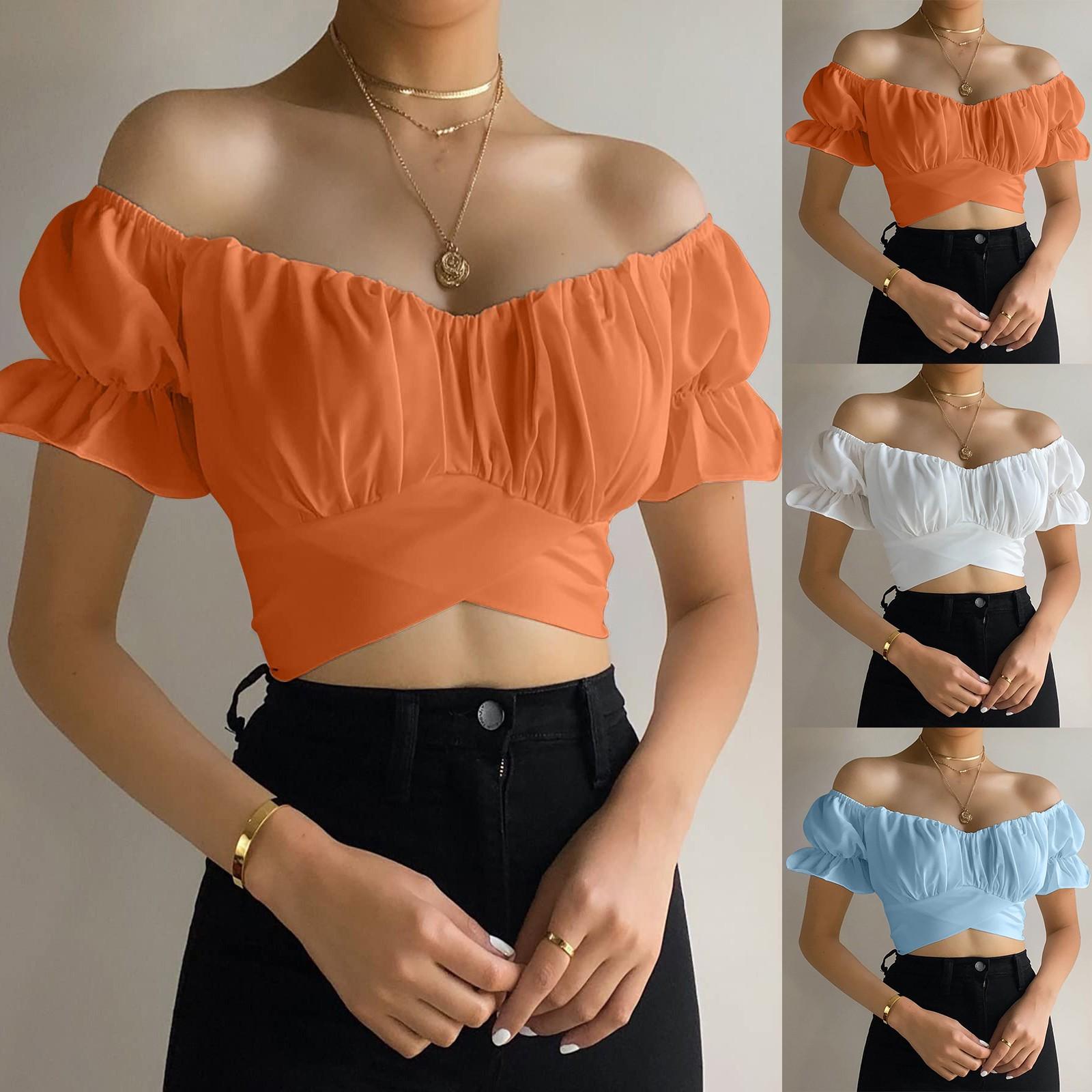 

Fashion Women s Summer Strapless Short Sleeve Comfort Solid Colour Top