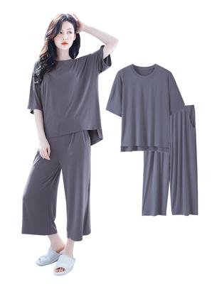 Beatgos 5A Loose Cute Set for Spring and Summer Steel Sizes Women's Pajamas, Loungewear, Antibacterial, Fit, Modal, (612 Gray, M-L)