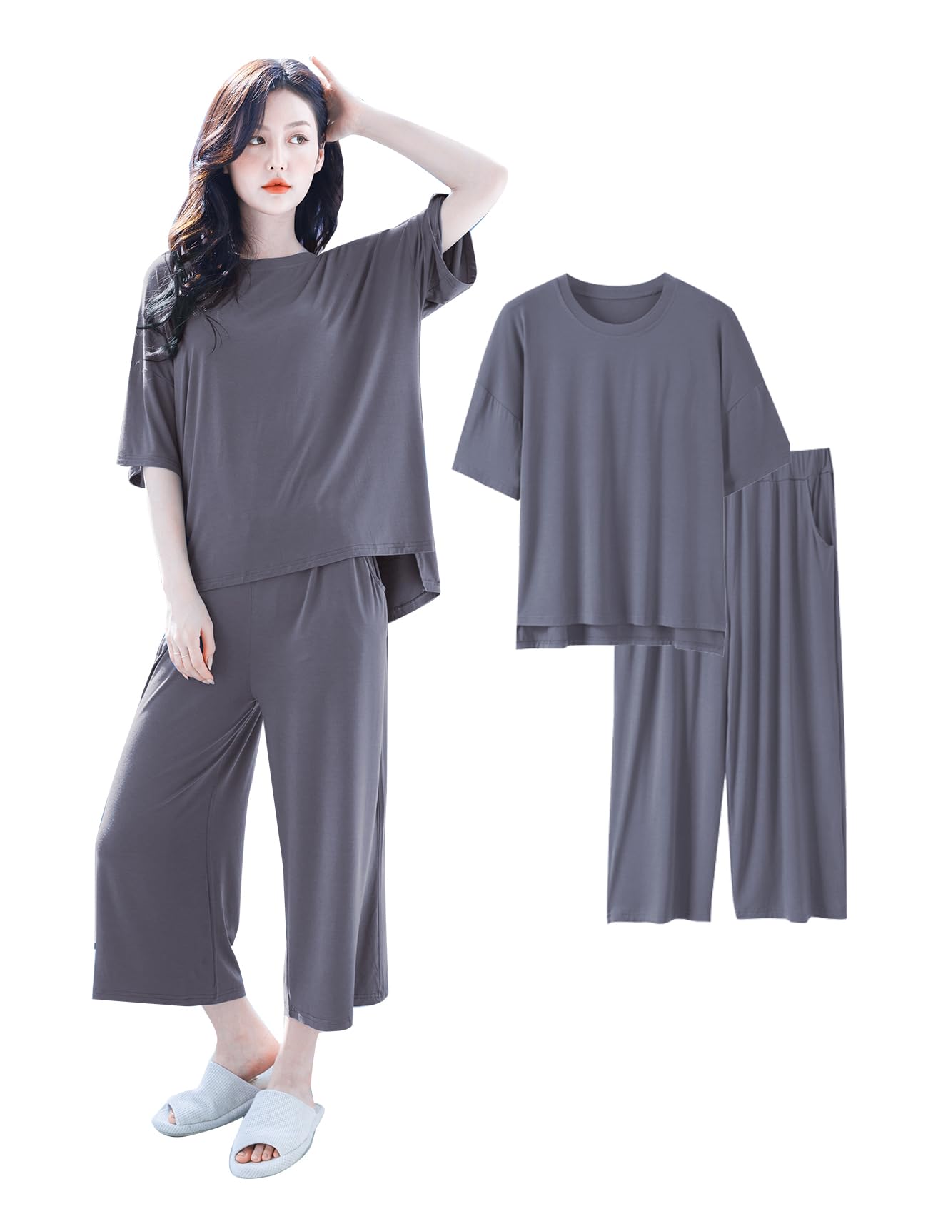 

Beatgos 5A Свободный Милый Комплект для Весны и Лета Стальные Размеры Женская Пижама, Домашняя Одежда, Антибактериальный, Посадка, Модал, (612 Серый, M-L)