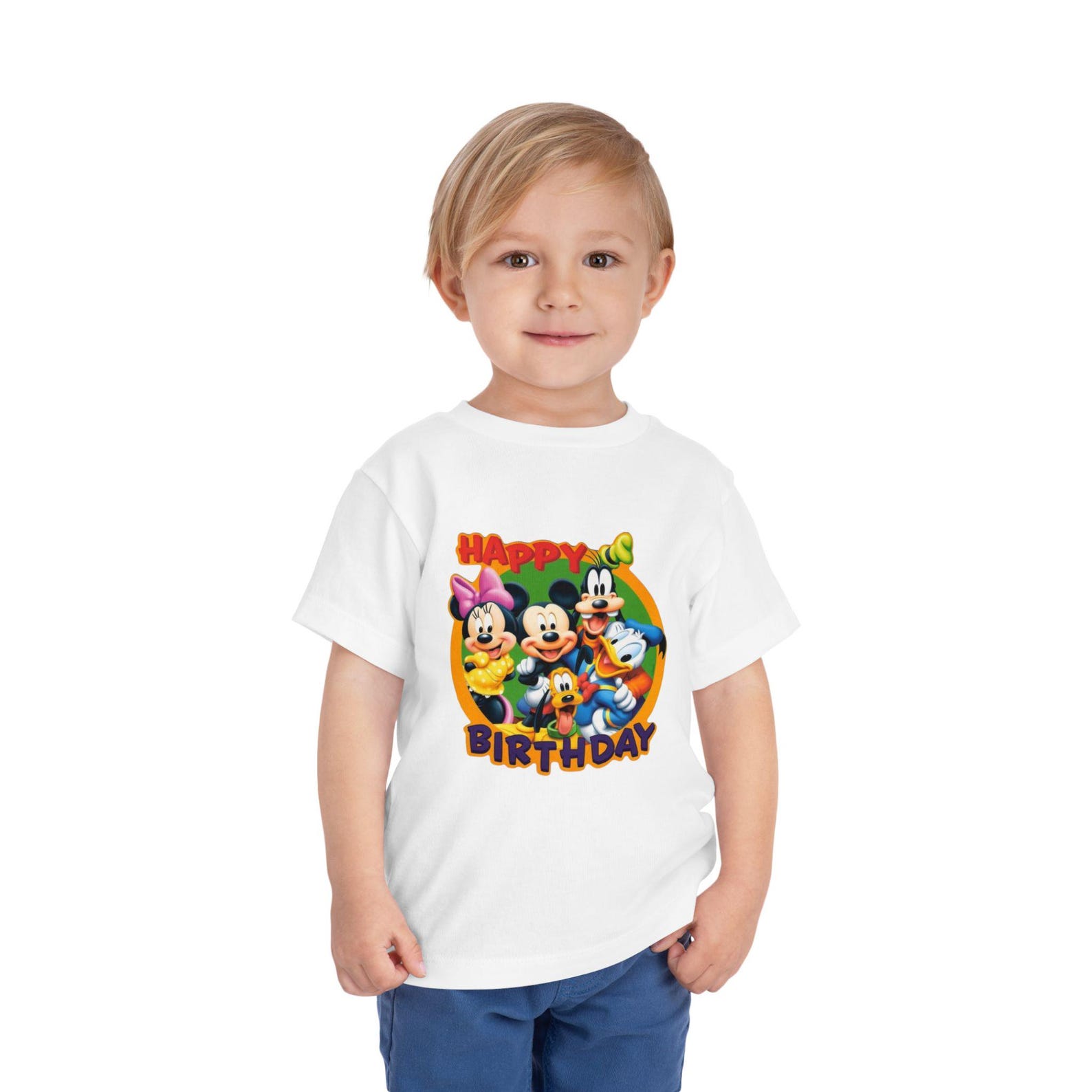 Mickey Mouse Happy Birthday Toddler Tee | Minnie, Donald, Goofy Characters 100