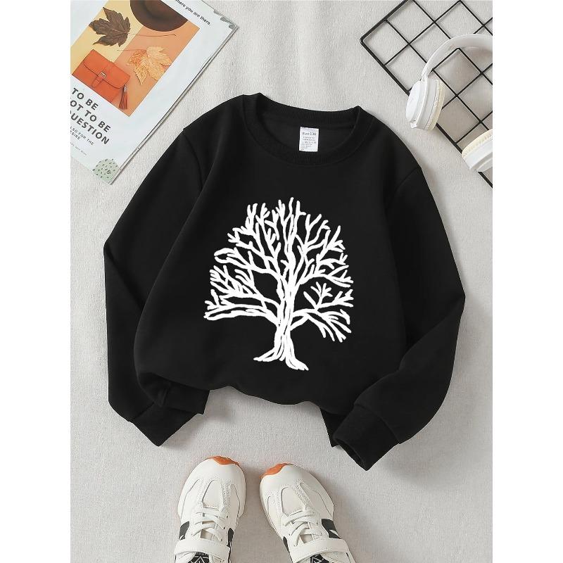 European Sizes Kids' Crewneck Sweatshirt - White Tree On Brown Fabric Background , Sportswear And Casual Wear, Soft And Comfortable, Clothing