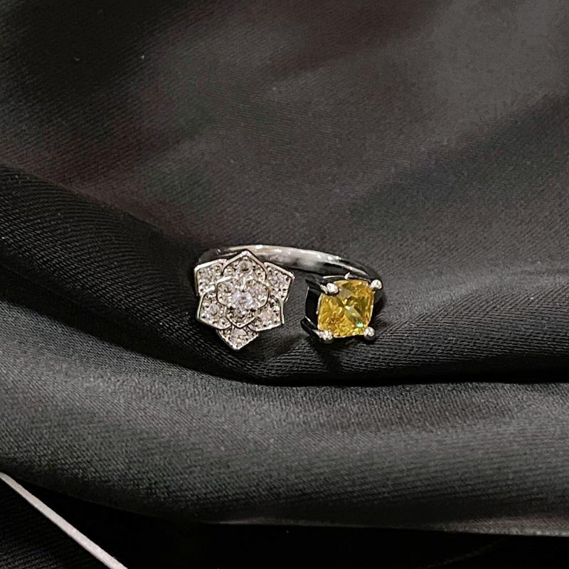 Color Series Yellow Diamond Pink Diamond Red Diamond Open Ring Light Luxury French Premium Sense Micro-Inlaid Diamond Zircon Ring Women