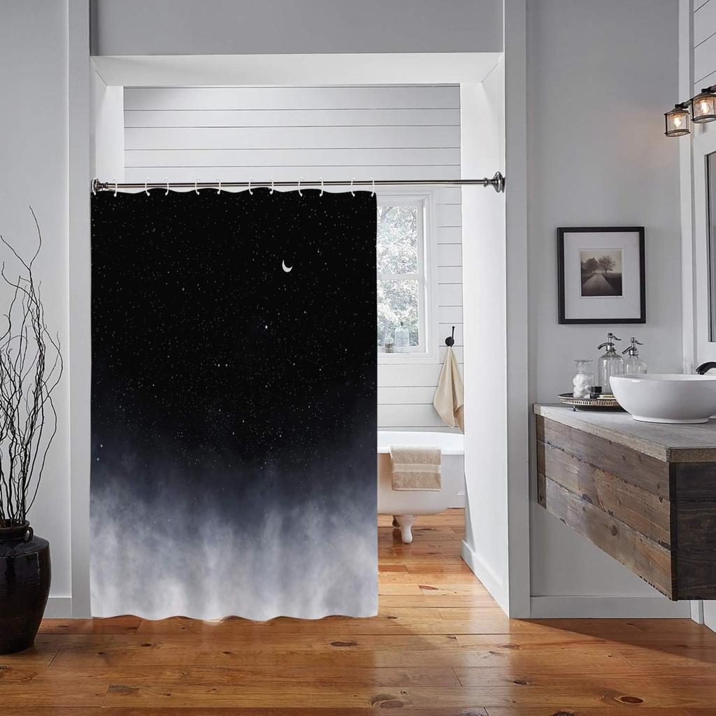 Black Shower Curtain, Starry Night Sky With Moon Design, Waterproof Fabric Bathroom Curtain For Night Theme Decor With Hooks