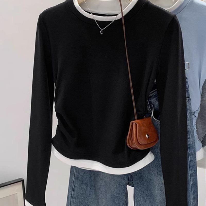 Spring New Round Neck Contrasting Fake Two Pieces Pleated and Thin Irregular Long Sleeves Women Small Age Reduction Trendy Cool
