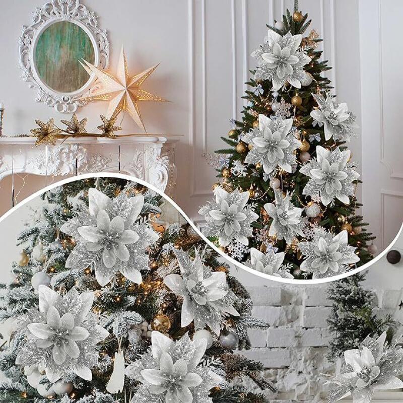 5/10/20Pcs Christmas Flower Ornaments,pink,red,gold,glitter Artifical Flowers for Christmas Tree,xmas Decoration for Home
