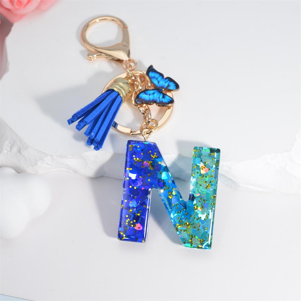 26 English Alphabet Letter Tassels Keychain Crystal Acrylic Butterfly Pendent Key Chain Women Gift Fashion Jewelry Accessories