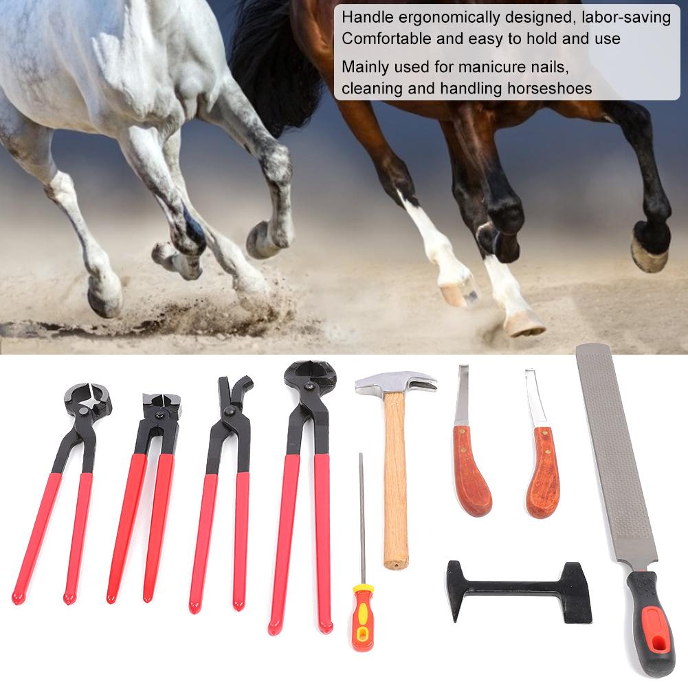 9 PEÇAS Aço Ferro Cabo Ergonômico Alicate Cortador de Cascos Ferradura Lima Martelo de Unha Ferramenta para Cascos Cavalo