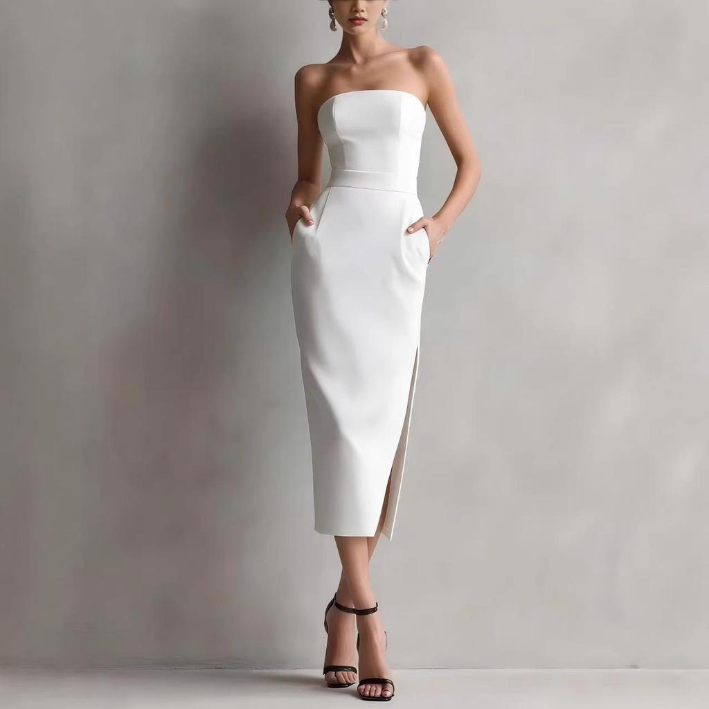 Luxuriöses trägerloses Midi-Kleid für Damen mit Taillenbetonung, Schlitz und Taschen - Perfekt für formelle Partys und Bankette.