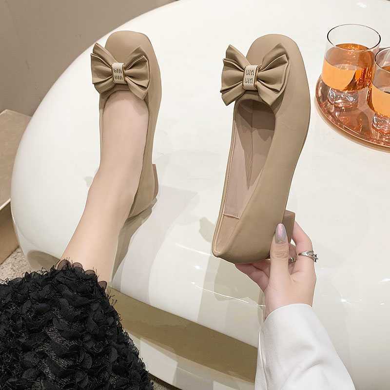 Bow Square Head Single Shoes Women's Shallow Mouth Flat Bottom Ballet Shoes One Pedal Lazy Shoes Spring and Autumn Temperament Small Leather Shoes Wo