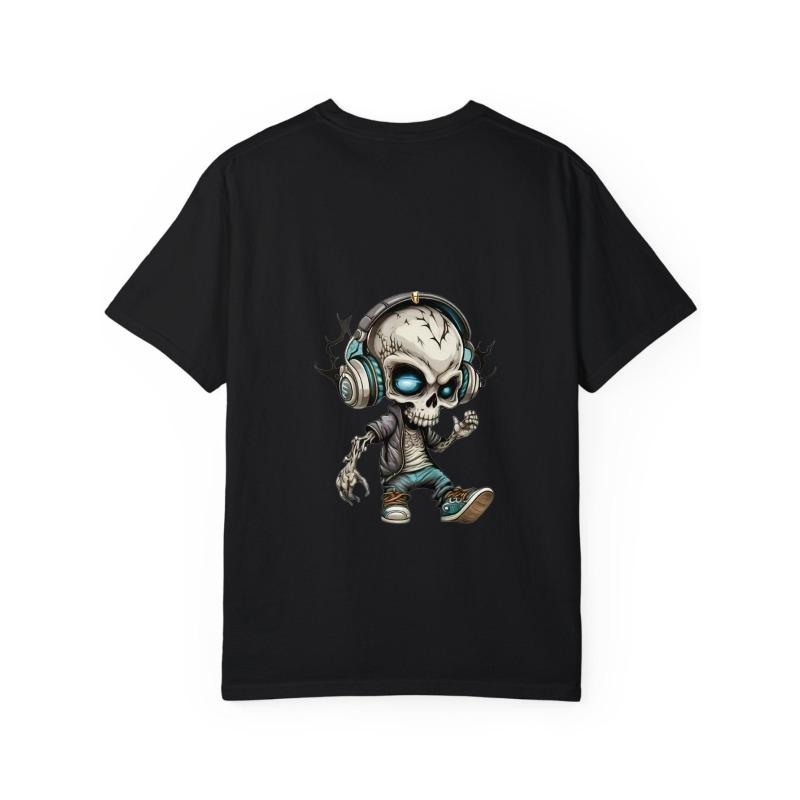 Cotton T Shirt White Skeleton with Headphones and Blue Eyes Cartoon Design for Casual Wear