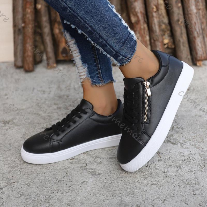 Fashion Comemore Women's Flat Bottom Sneakers Fashionable Leather Side Zip White Black Casual Tennis Female Autumn Lace Up Zapatillas