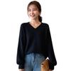 UQQA Long Sleeve Pullover Knit Sweater for Loose Soft Size L Women's V-Neck Fall/Winter, Fit, Fabric, Black,