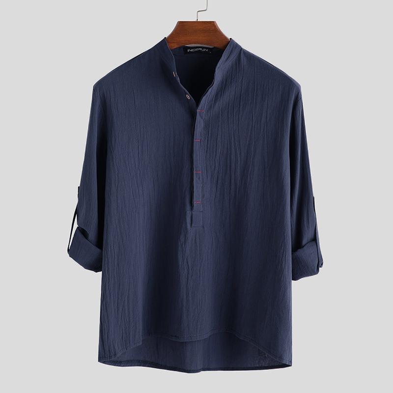 

Men s White Linen Blend Henley Shirt Mandarin Collar Long -Sleeve Casual Top Casual Top XXXL темно-синього кольору