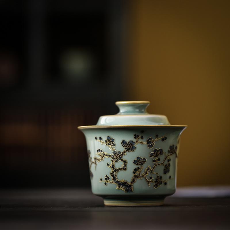 Retro Celadon Cover Bowl Elegant Tea Maker Large Household Ceramic Kung Fu Tea Set Tea Bowl Blue and White Porcelain