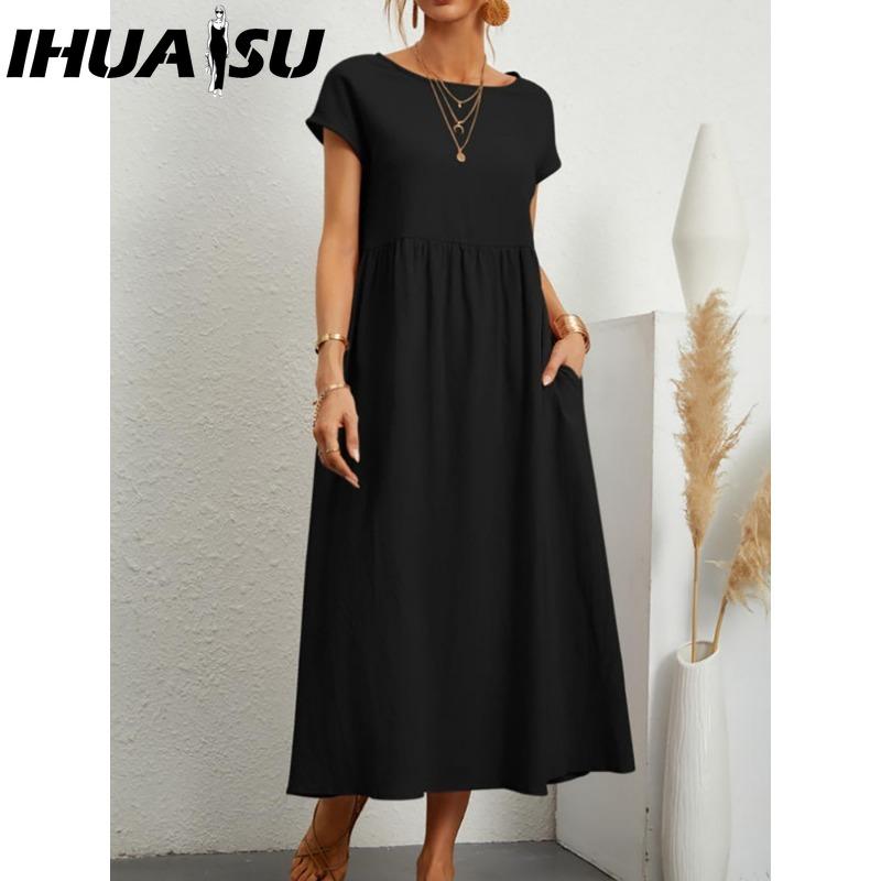 

IHUASU Женская мода Лето Весна Однотонный принт Короткий рукав Круглый вырез Повседневные платья XXL чёрный