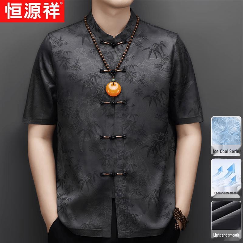 Men s New Chinese Style Ink Bamboo Print Short Sleeve Shirt 185