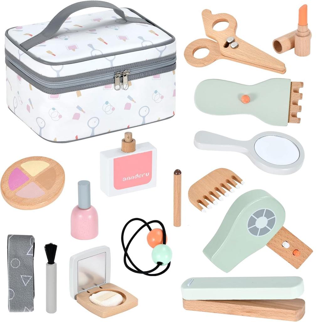 Wesfen Leker i tre, Pedagogiske leker, Late som-lek, Sminkesett, Leker for jenter, Alder 6, 7, 8, 9, Jenter, Gave, Kosmetikk, Kosmetikkveske inkludert, Enkelt