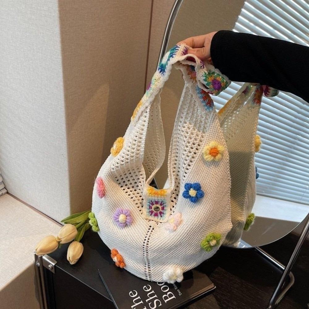 Trendy Hollow Out Woven One-shoulder Bag Flower Design Bohemian Style Beach Bag Tote Bag for Women