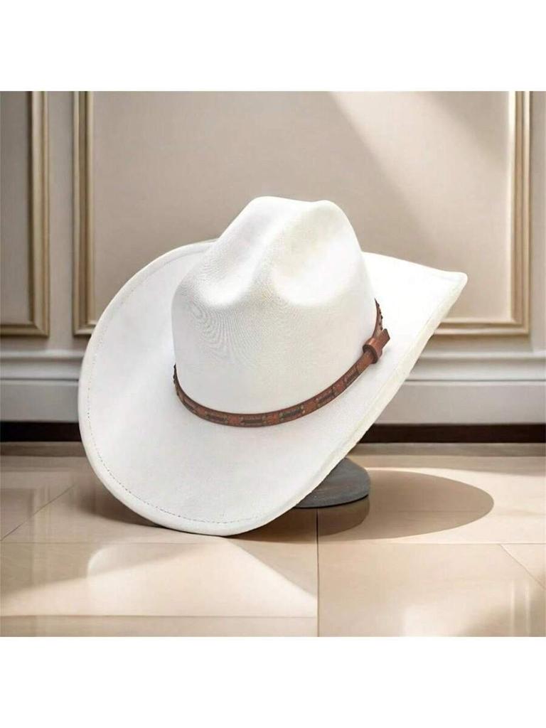 Retro Wool Felt Cowgirl Hat With Leather Belt Wide Brim Western Cap For Wedding Party