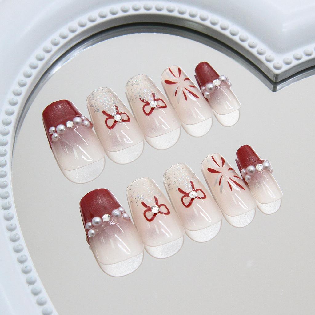 Red French Fireworks Flash Pearl Bow Cat Eye European and American Ins Style Atmosphere Detachable Manicure 24 Pieces