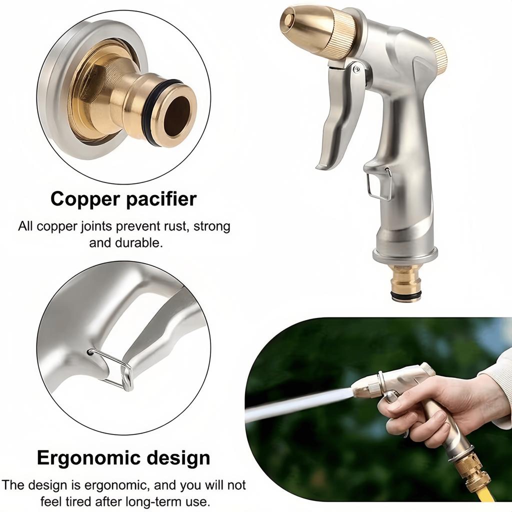 Heavy-Duty Metal Garden Hose Nozzle, 4 Spray Patterns, High-Pressure Gun for Watering, Car Wash, Yard Cleaning, Pet Bathing