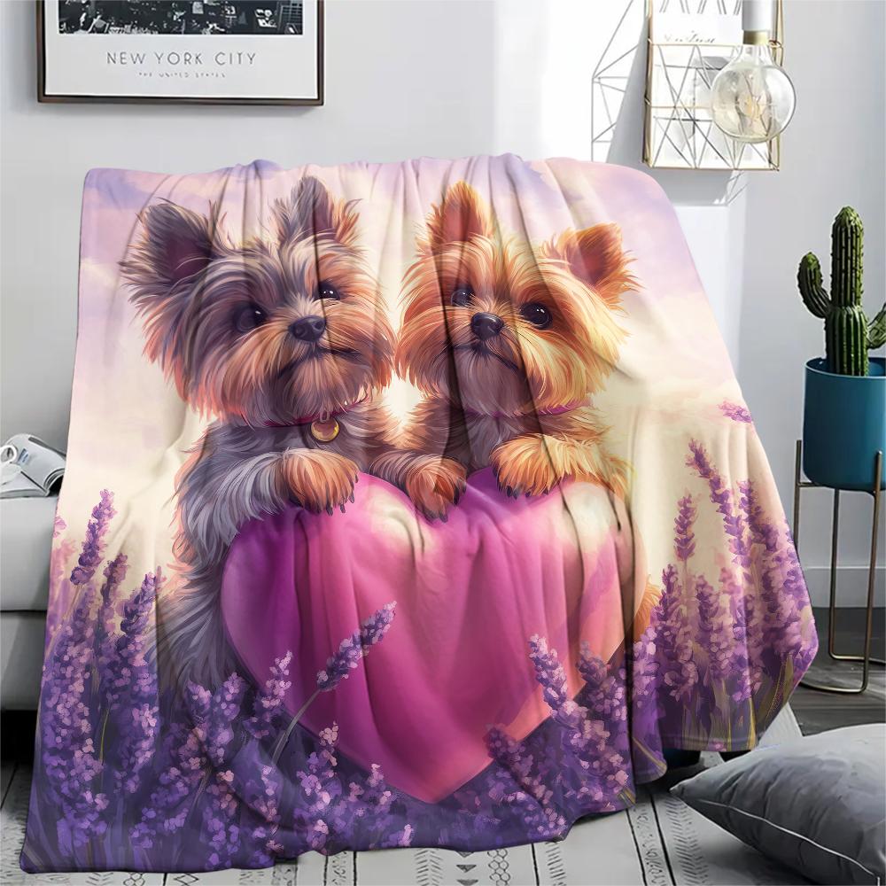 Yorkshire Terrier and Hearts pattern Flannel Blanket, High quality Comfortable for All Seasons, Home Decor, Warmth and Comfort, Perfect for Gifts.
