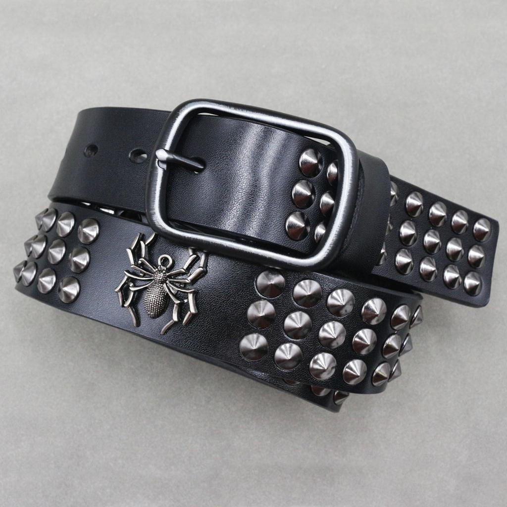 2024 Original Design Punk Leather Belt with Spider Spike Rivet and D-ring Buckle