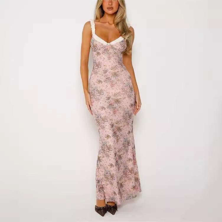 European and American sexy women's new spaghetti strap dress, floral sleeveless long dress, one-step dress