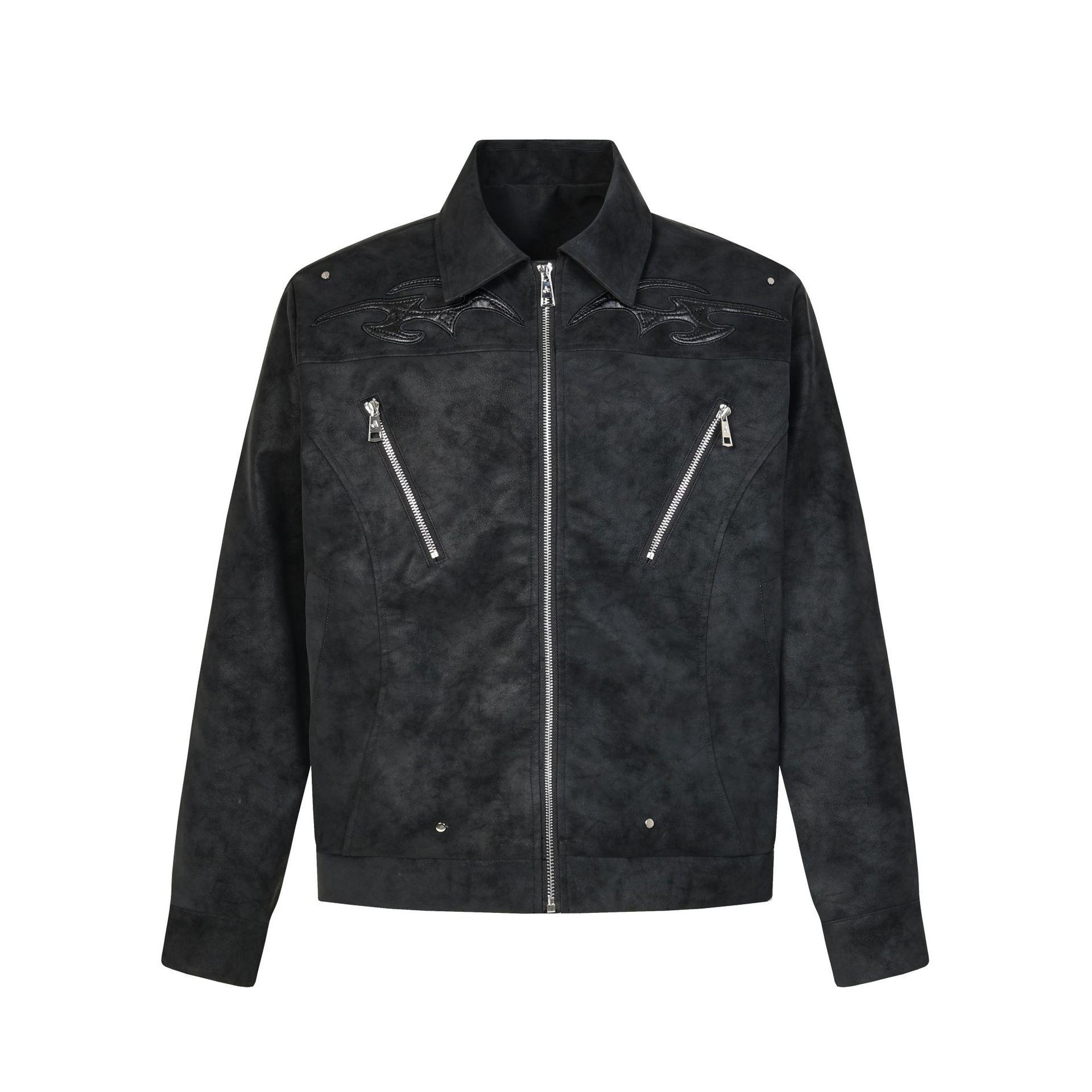 

ARES Men s Waterproof American Style Jacket with 45% PU and Multi-Zipper Design, Featuring Lightning Embroidery and Loose Fit. Medium чорний