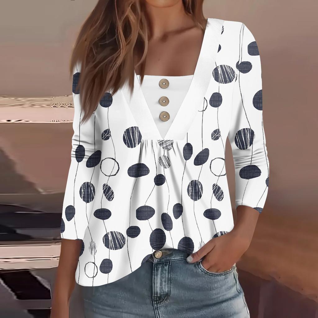 Dámská móda ležérní košile s dlouhým rukávem s květinovým potiskem, knoflíky do V s výstřihem