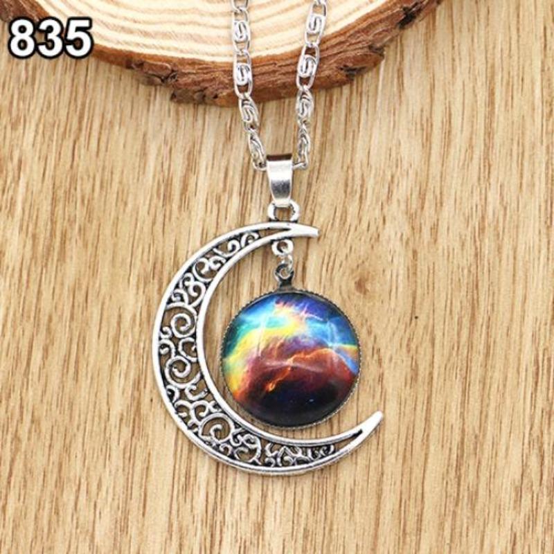 Women Fashion Galactic Glass Alloy Chain Crescent Moon Pendant Necklace 835