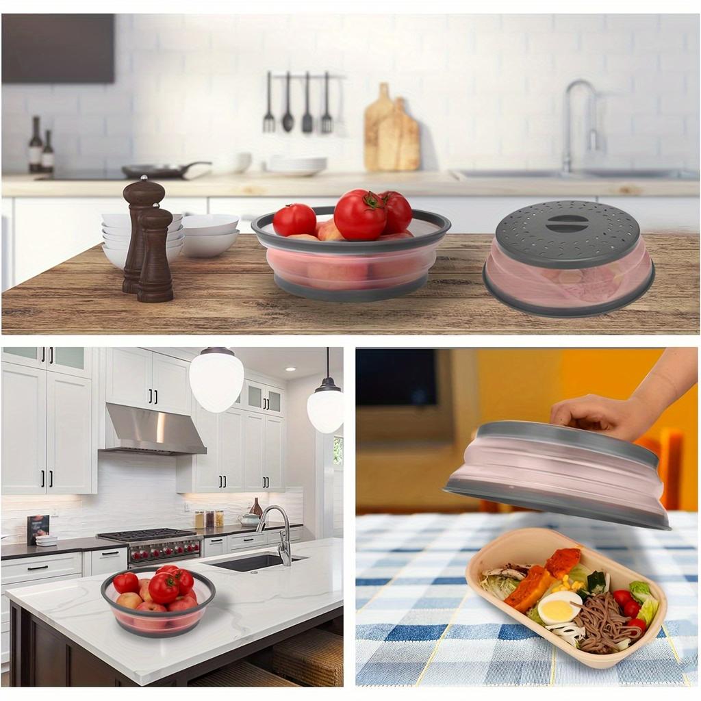 10.5 Inch Round Multi-Ply Collapsible Microwave Food Cover with Steam Vent and Strainer Easy-to-Carry Design with Handle - Perfect for Cooking