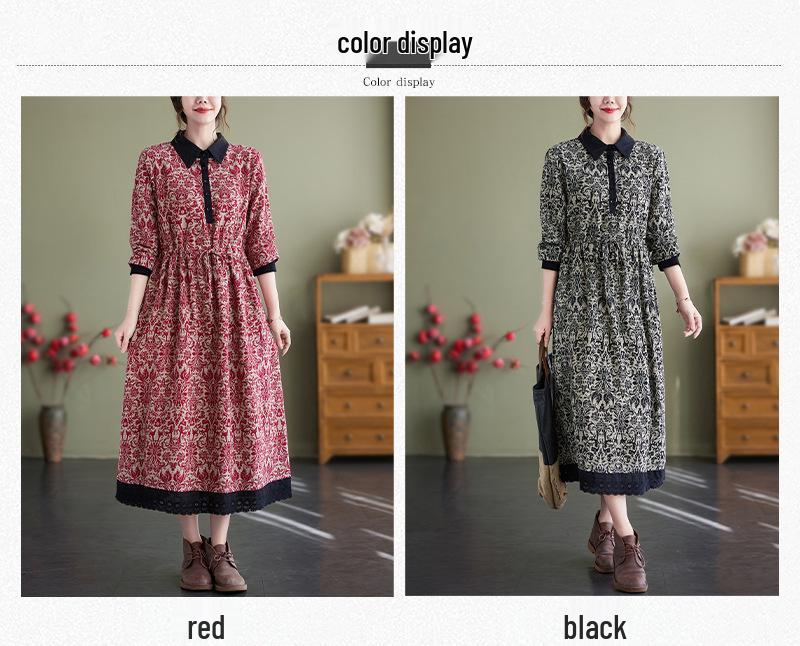 Autumn Literary Print Dress: Long-Sleeved, Cotton-Linen, Loose Fit, Extended Style with Shirt Collar