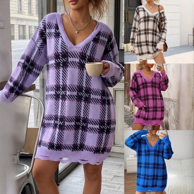 Womens Winter Knit Dress Loose Fit V-Neck Long Sleeve Plaid Color Block Midi Sweater