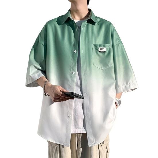 Wiosna Jesień Męska Koszula Kołnierzyk Kent Gradient Kolorowy Blok Pół Rękawa Zapinana na Guziki Kardigan Luźny Streetwear Młody