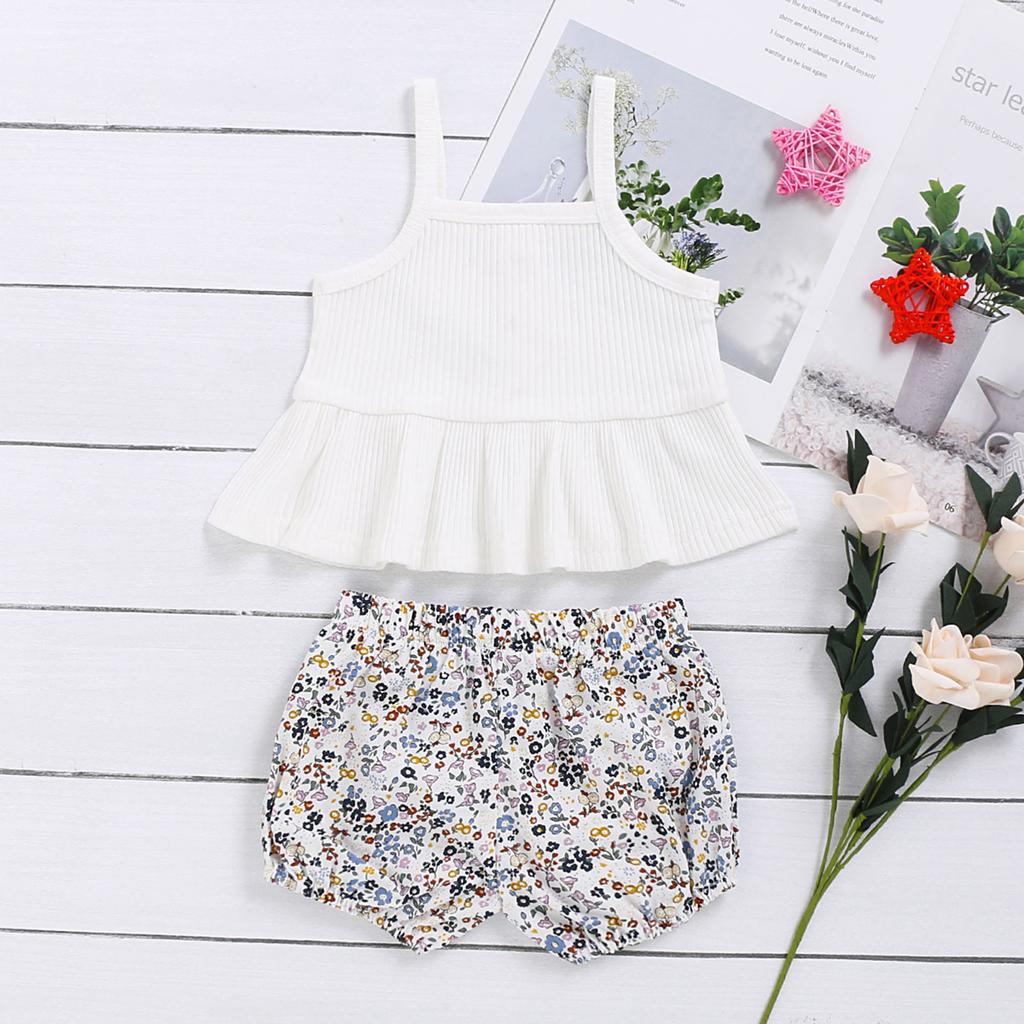 Toddler Baby Girls Ruffles Solid Suspender Tops Floral Printed Shorts Outfits